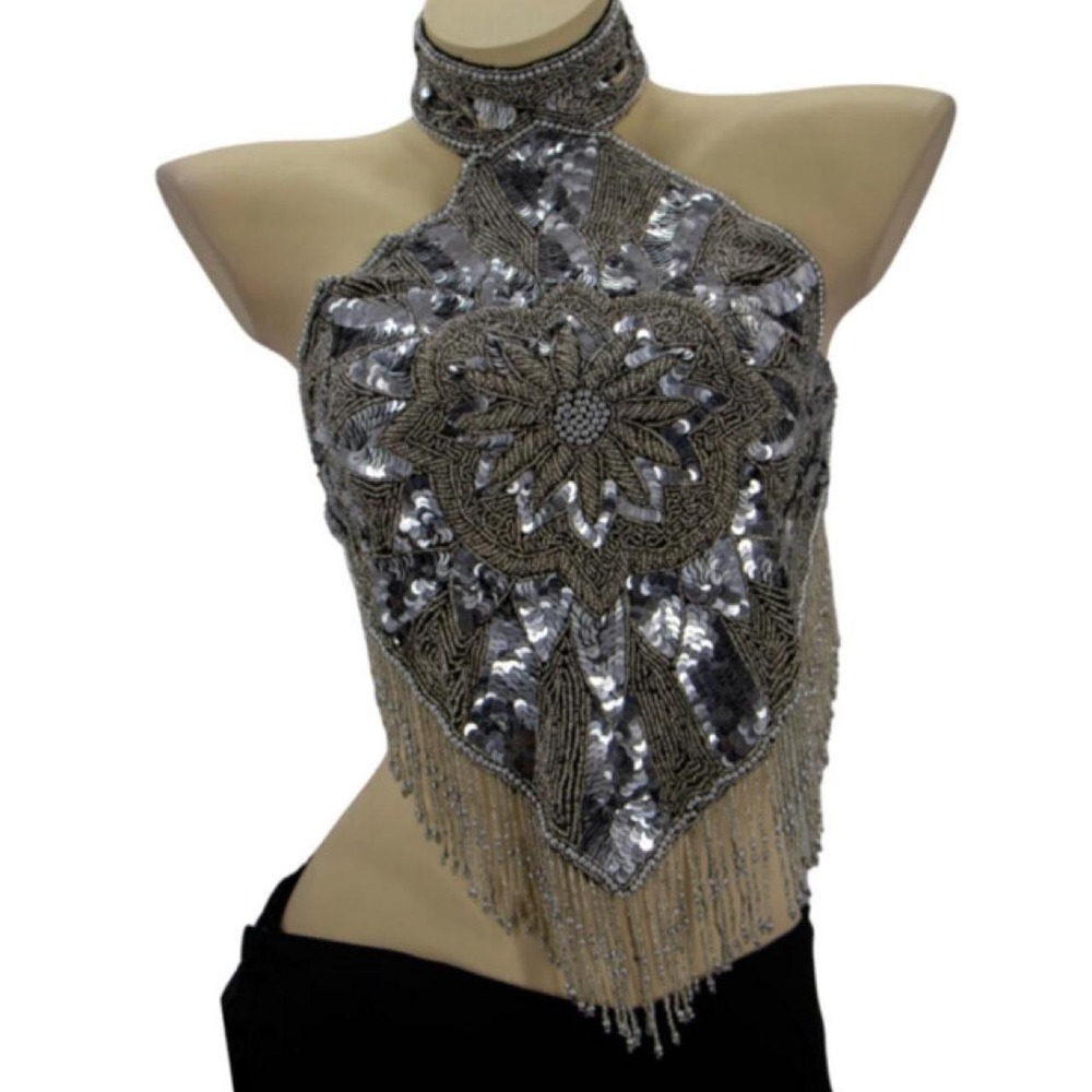 Silver Sequin Halter Top Beaded Floral Geometric Festival Rave Crop Top OS